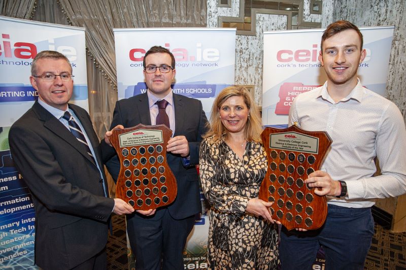 FREE PIC - NO REPRO FEE - Feb 11, 2020
Cathal Reilly (left), chairman of the CEIA making a presentation to Conor Walsh, CIT Elecronic and Electrical Eng Dept Student of the Year 2019 along with Valerie Cowman, Chair of Cork ETB presenting Barry Ryan, who