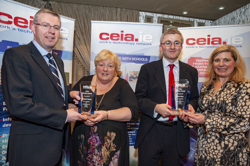 FREE PIC - NO REPRO FEE - Feb 11, 2020
Cathal Reilly (left), chair of the CEIA and Valerie Cowman, chair of Cork ETB presenting teachers Rosemary Ferriter of St Vincent's Sec. School and Sean Finn, Col. Daibheid with the CEIA Teachers' Awards in recogniti